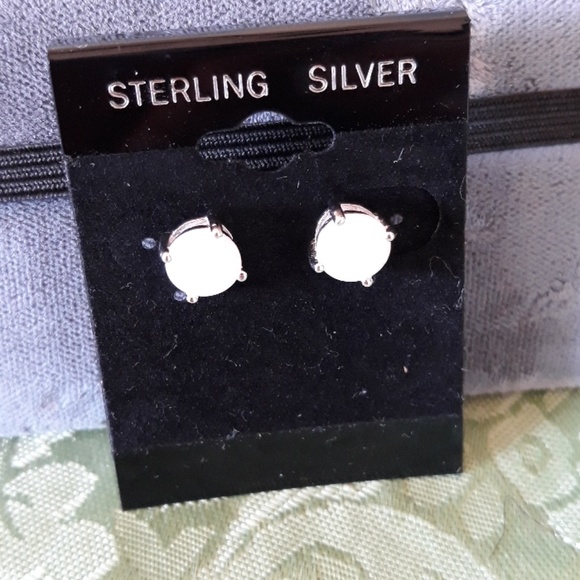Sterling Silver White Lab Opal earrings 7mm - Picture 6 of 8